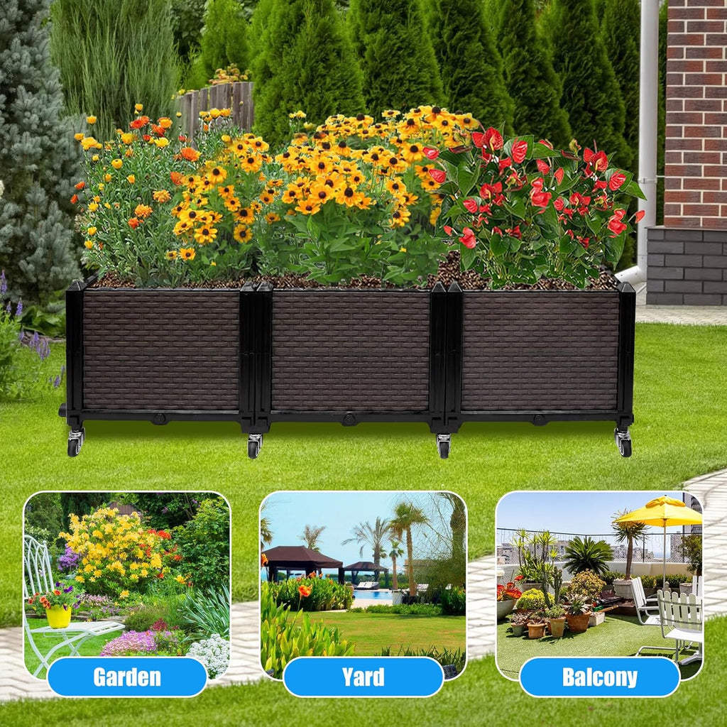 Raised Plant Box with Wheels 47.2"x15.7"x16.1", Raised Beds for Gardening Self Watering, Durable Metal Lockable Casters, Rectangular Garden Planter Perfect for Garden Patio Balcony Deck