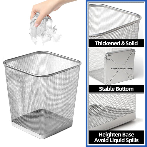10-Pack Silver Square Metal Trash Cans, 6 Gallon Capacity, Mesh Design, Non-Slip Base, Smooth Edges