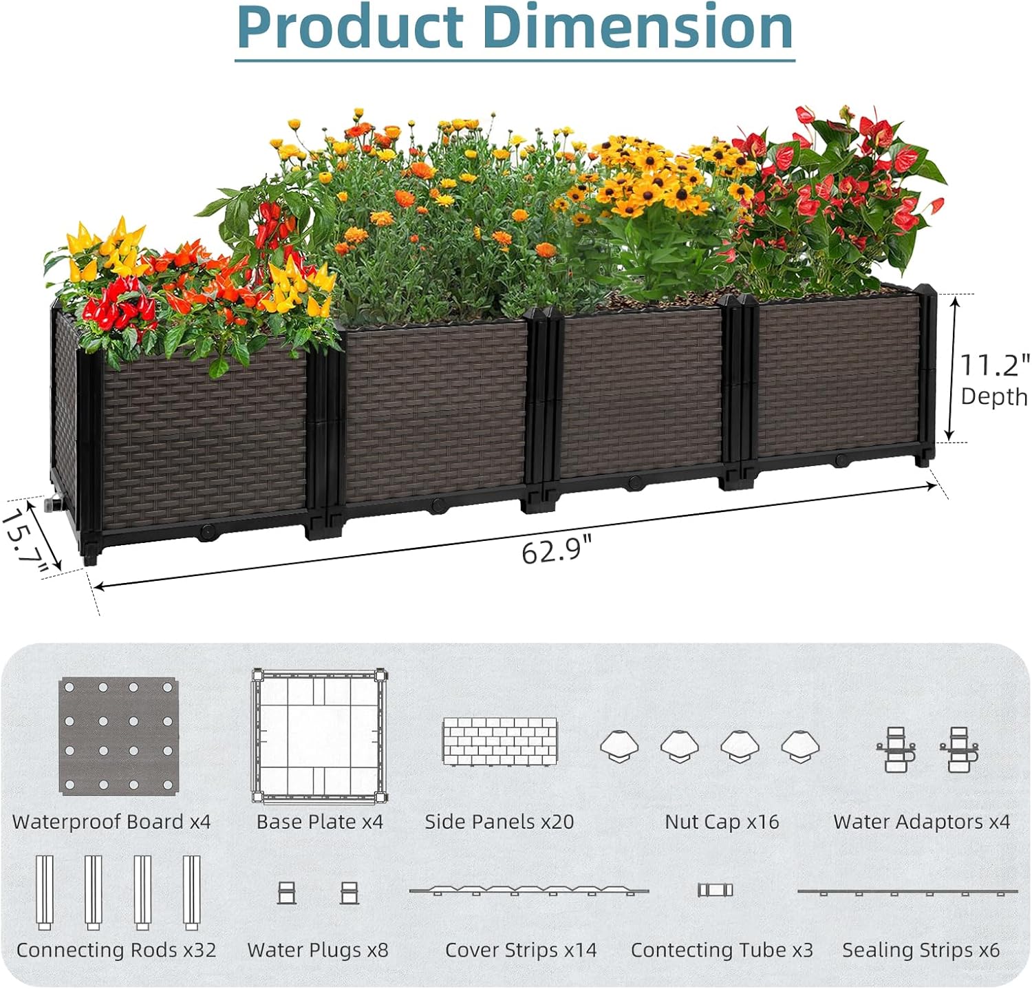 Large Raised Planter Box Outdoor Self Watering 62.9"x15.7"x14.2" , Deep Raised Garden Bed - Elevated Garden Box with Drainage Plug, Rectangular Garden Planter Perfect for Garden Patio Balcony Deck