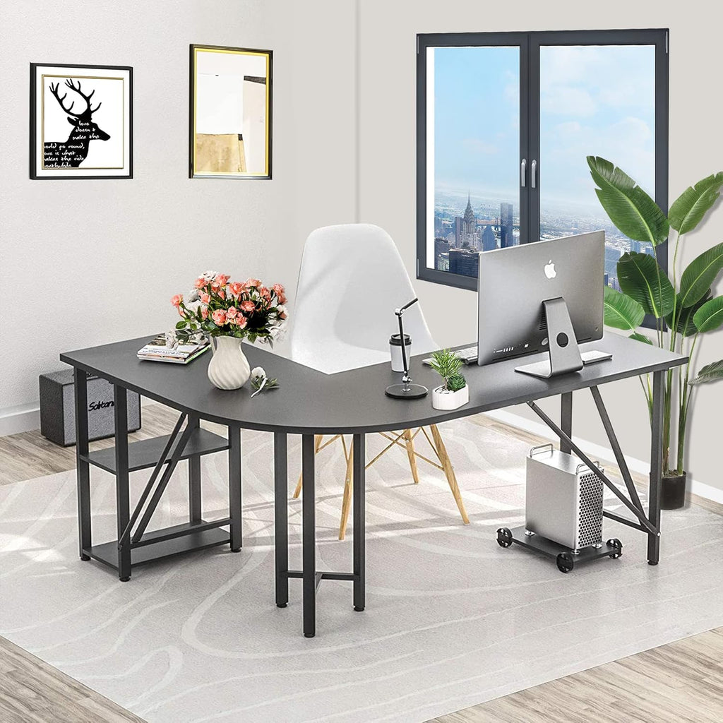 60" L Shaped Computer Desk with Tower Stand on 4 Wheels, Shelves, Rounded Corner, L Desk for Home Office, Black