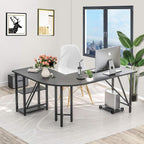 60" L Shaped Computer Desk with Tower Stand on 4 Wheels, Shelves, Rounded Corner, L Desk for Home Office, Black