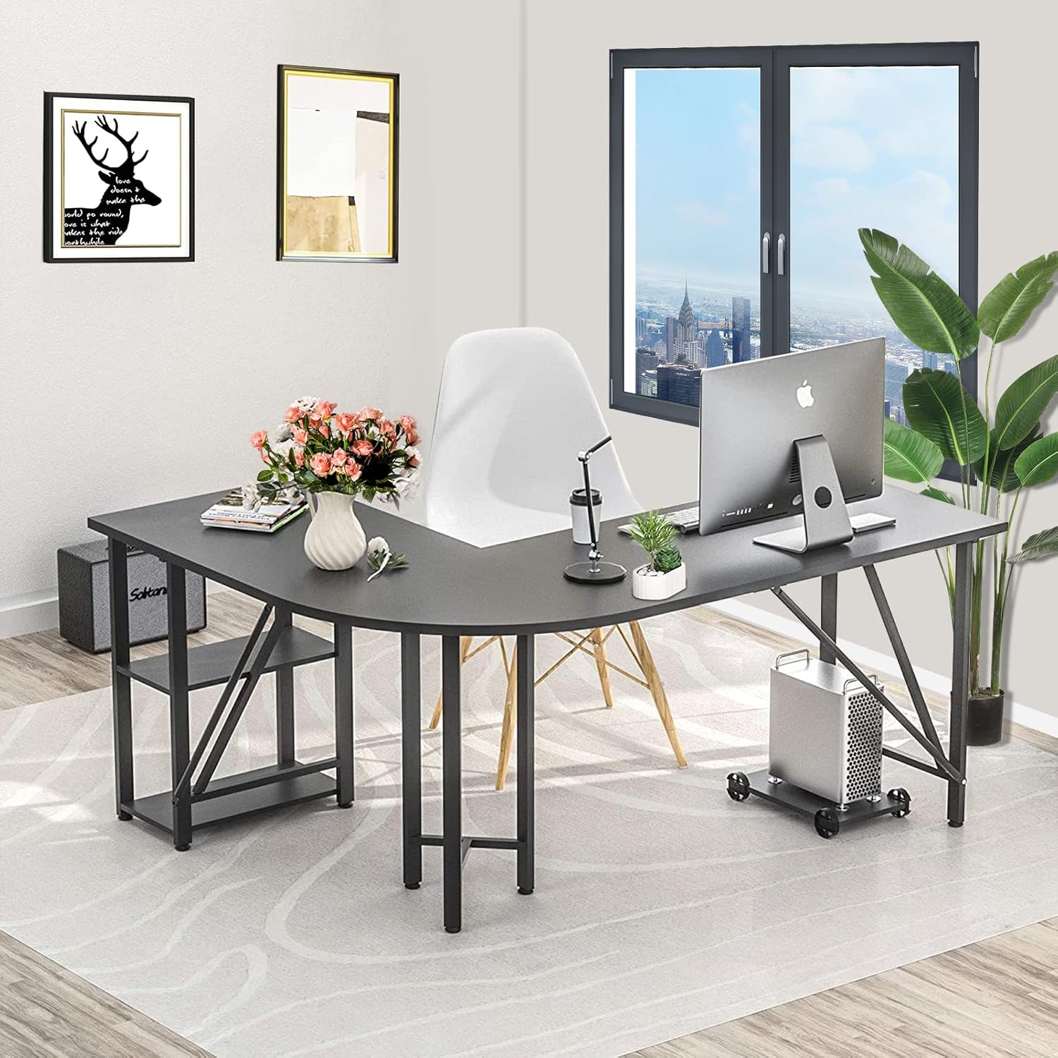 60" L Shaped Computer Desk with Tower Stand on 4 Wheels, Shelves, Rounded Corner, L Desk for Home Office, Black