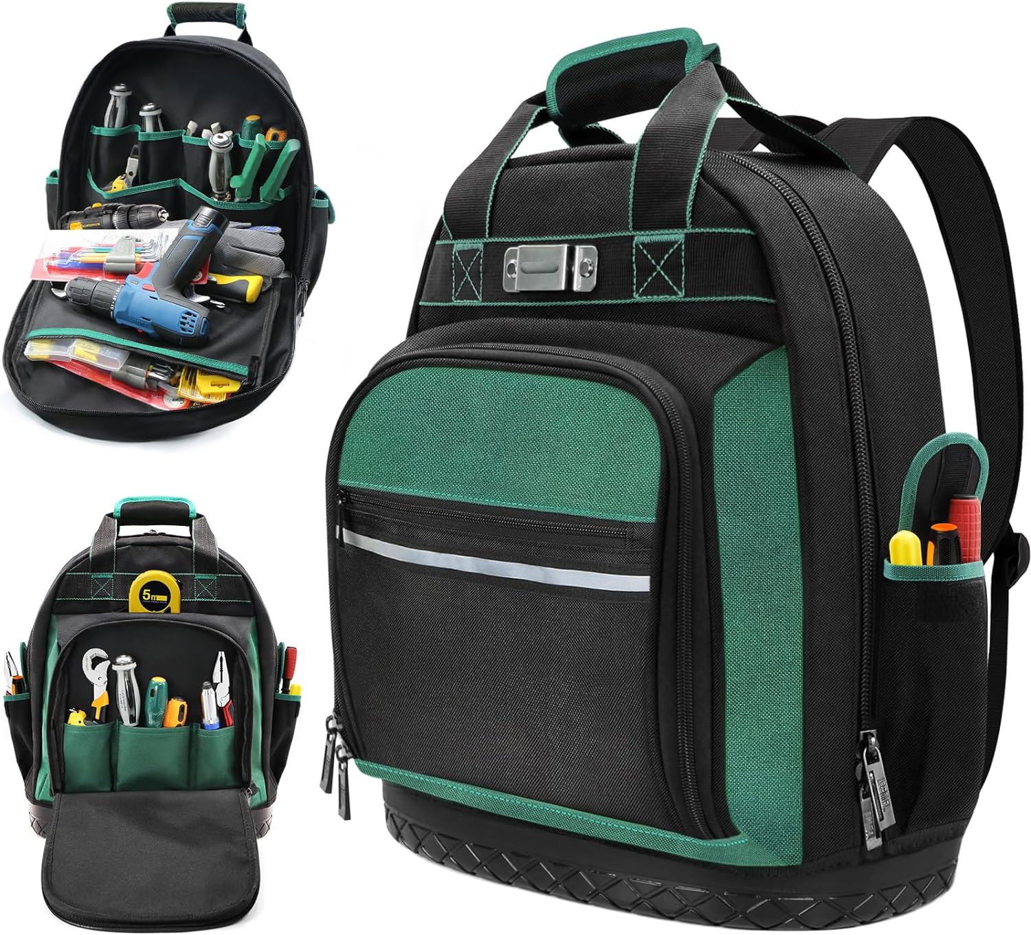 Electrician Tool Backpack, Tool backpack for Men, Construction Tool Bag Backpack Heavy Duty with Waterproof Molded Base, Work Backpack Multi-Use Pocket Black/Green
