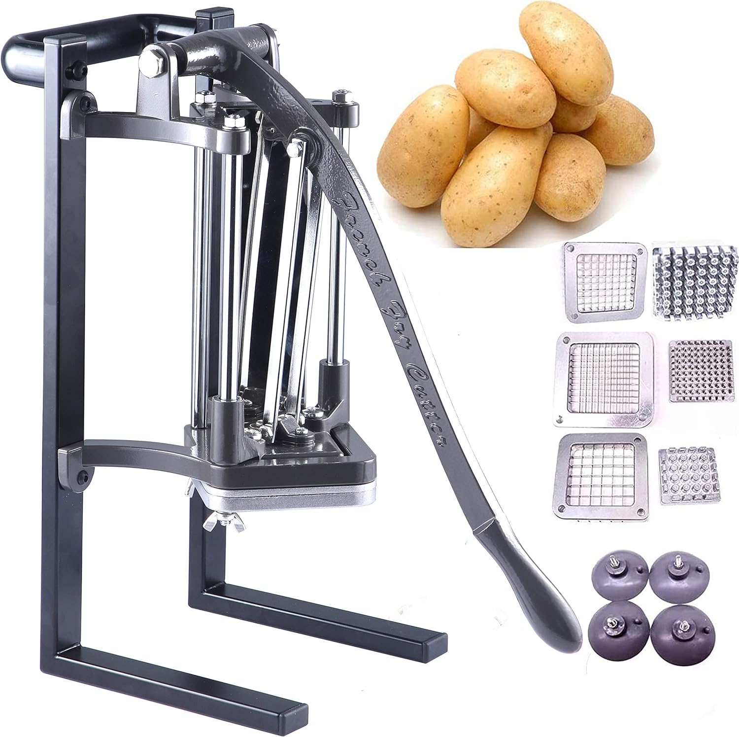 French Fry Cutter Commercial Grade Potato Slicer with Stand Suction Feet Complete Set, Includes 1/4", 3/8", 1/2", 2 Pieces L Stand
