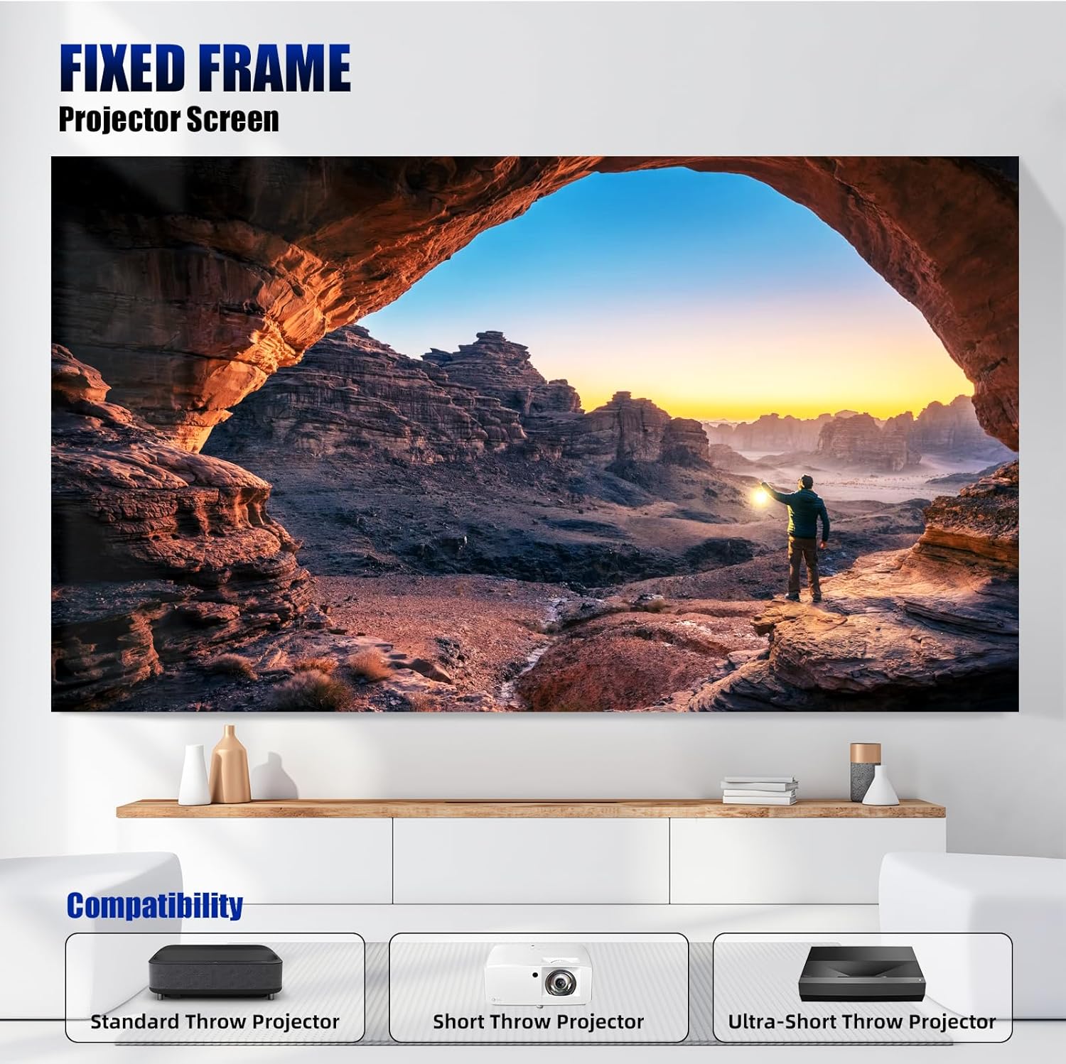 Edge Free Fixed Frame Projector Screen 120 Inch, Diagonal 16:9 4k 8k Ultra HD 3D Ready Fixed Projector Screen, Fixed Frame Projector Screen Wall Mount for Indoor Movie Video Home Theater