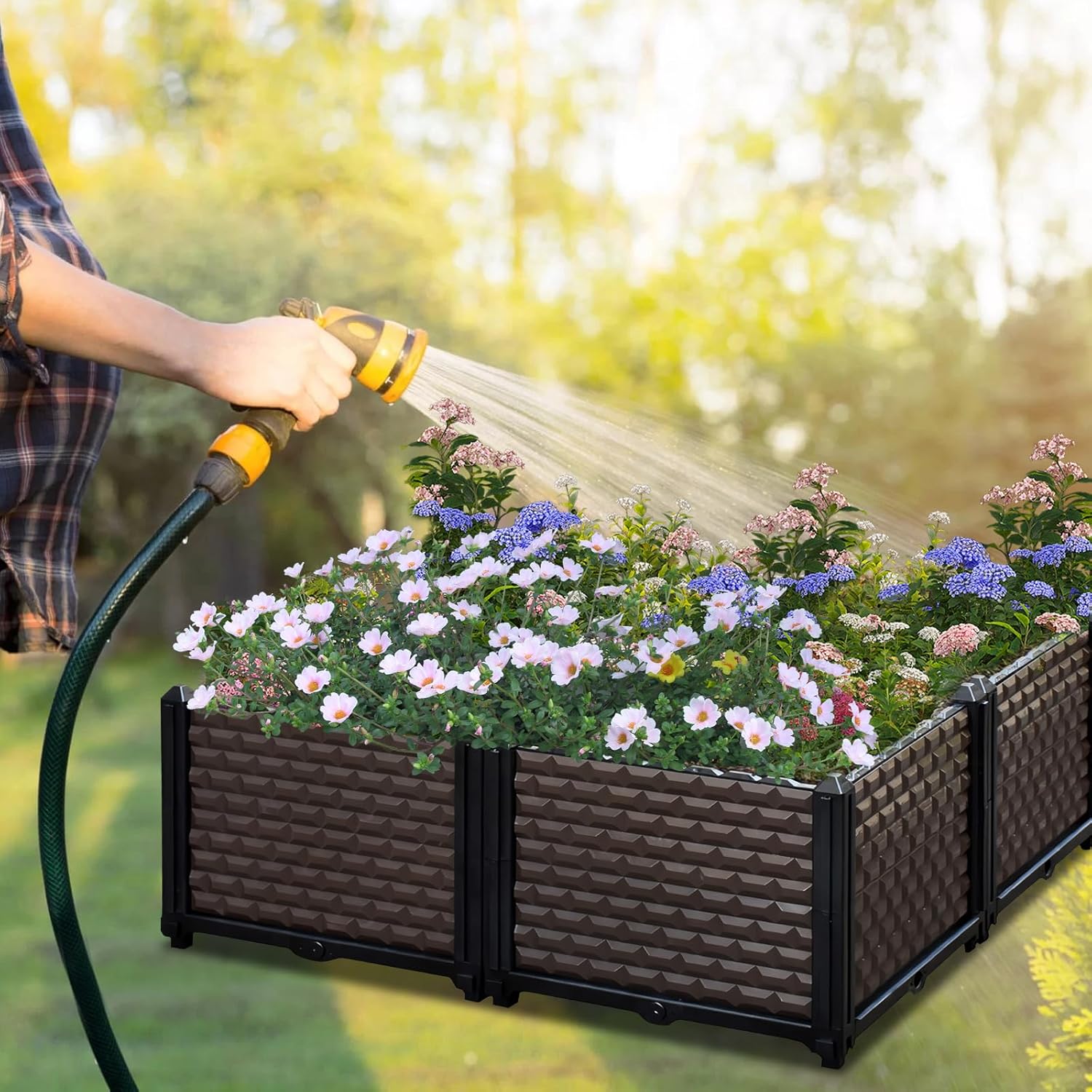 Square Raised Beds for Gardening 31.5" x 31.5" x 14.2", Self Watering Outdoor Planters, Large Raised Planter Boxes, Rectangular Garden Planters for Outdoor Plants Flowers, Vegetables, Patio Deck Porch