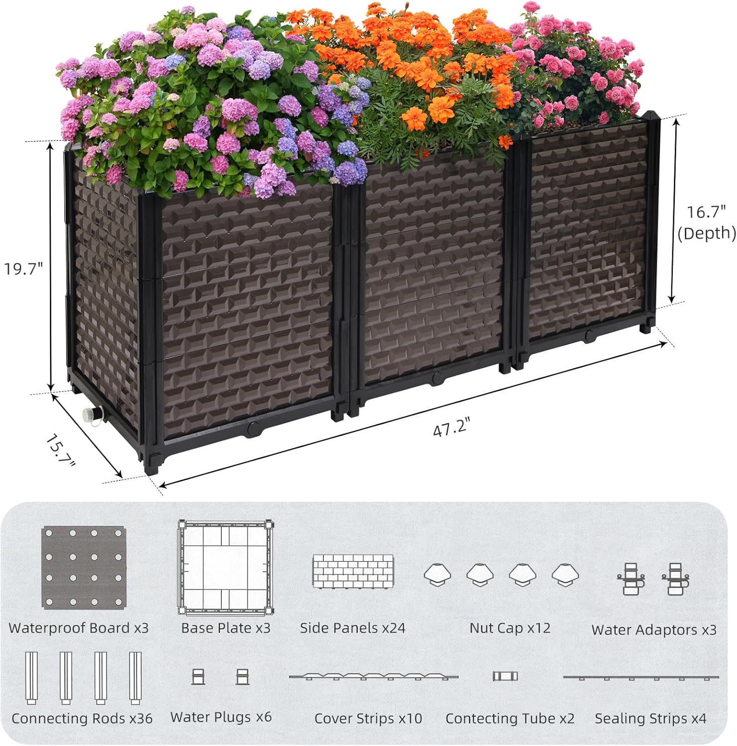 Large Planters for Outdoor Plants with Automatic Drip Irrigation Kits, Deepened 20" H Raised Beds for Gardening Self Watering with Solar Irrigation System for Garden 5 Timer Modes, 47.2"L x 15.7"W