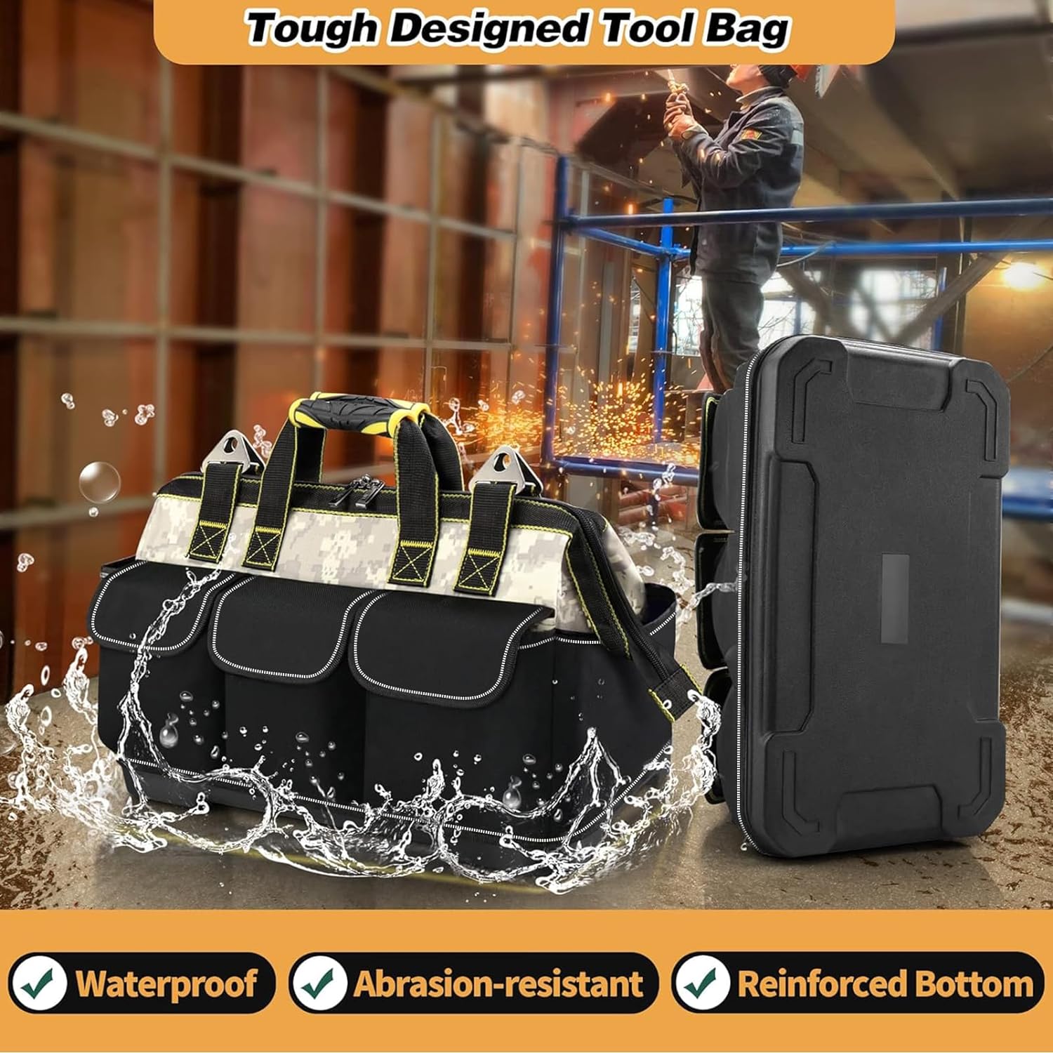 Hard Bottom Tool Bag, Electrician Tool Bag, 15 inch Tool Bag Organizer, 1680D Open Top Tool Bag,Tool Bags for Men Heavy Duty, Electrical Mechanic Reflective Waterproof Wide Mouth Tool Bag