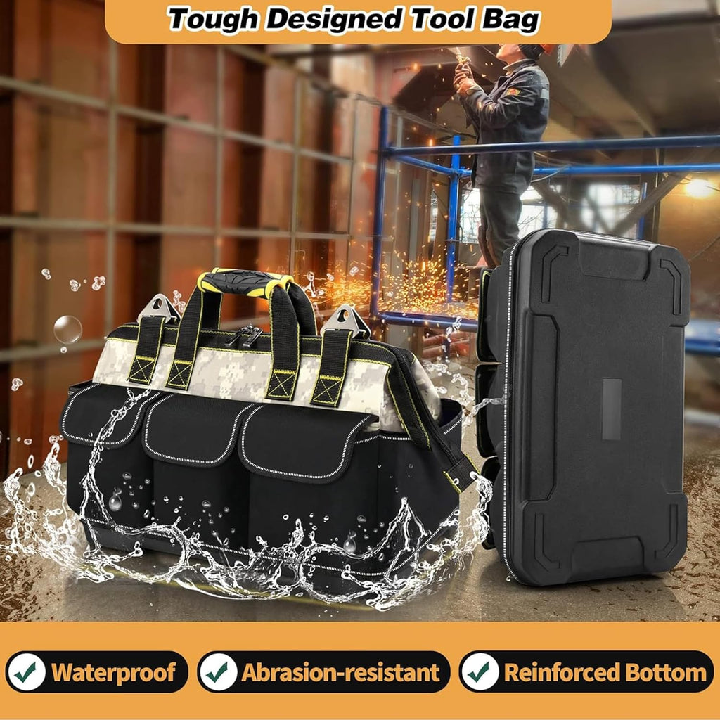 Hard Bottom Tool Bag, Electrician Tool Bag, 18 inch Tool Bag Organizer, 1680D Open Top Tool Bag,Tool Bags for Men Heavy Duty, Electrical Mechanic Reflective Waterproof Wide Mouth Tool Bag