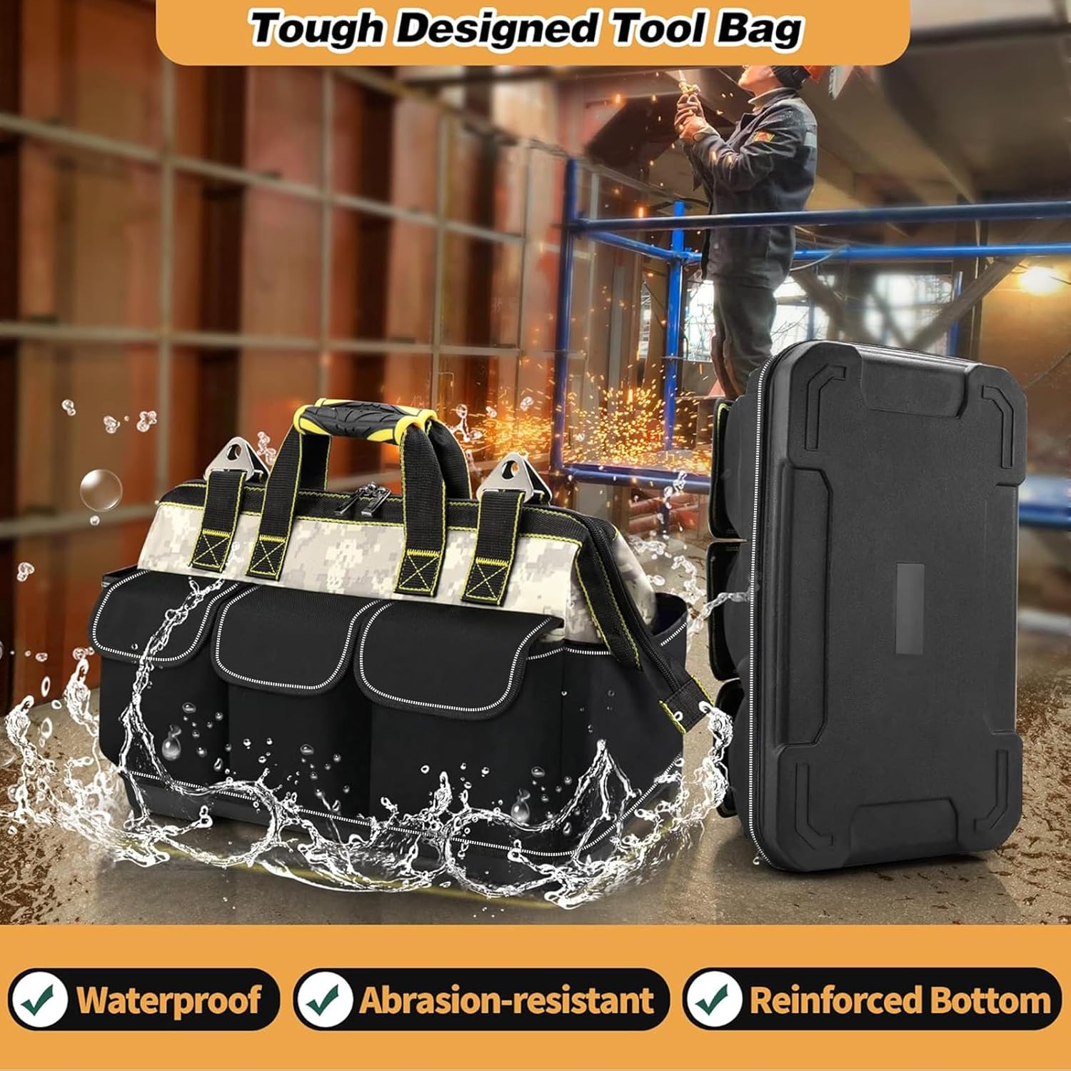 Hard Bottom Tool Bag, Electrician Tool Bag, 18 inch Tool Bag Organizer, 1680D Open Top Tool Bag,Tool Bags for Men Heavy Duty, Electrical Mechanic Reflective Waterproof Wide Mouth Tool Bag