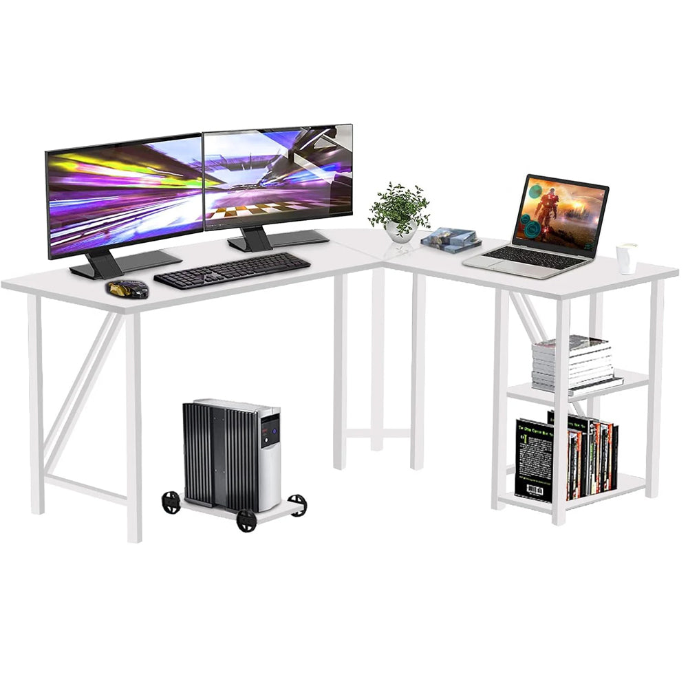 60" L Shaped Computer Desk with Shelves, Coputer Tower Stand, Rounded Corner - Reversible Office Desk with Storage Rack, Large Home Office Desk, L Desk for Home Office, White