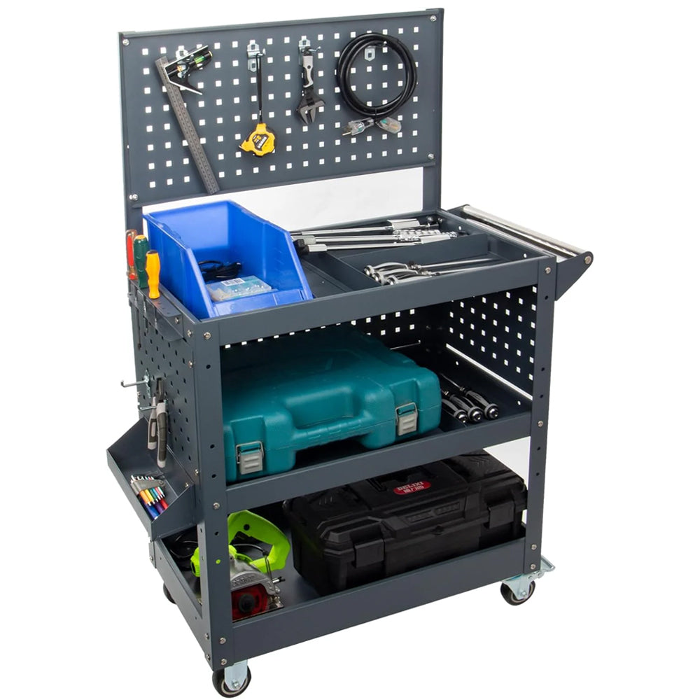 Mechanic Tool Cart with Pegboard, 49"x29"x15", 880 lbs Capacity, 3 Tier Rolling Tool Cart with Wheels, 4 Dividers, 3 Mesh Panels, Screwdriver Shelf, Hanging Tray – Tool Cart for Garage and Mechanics