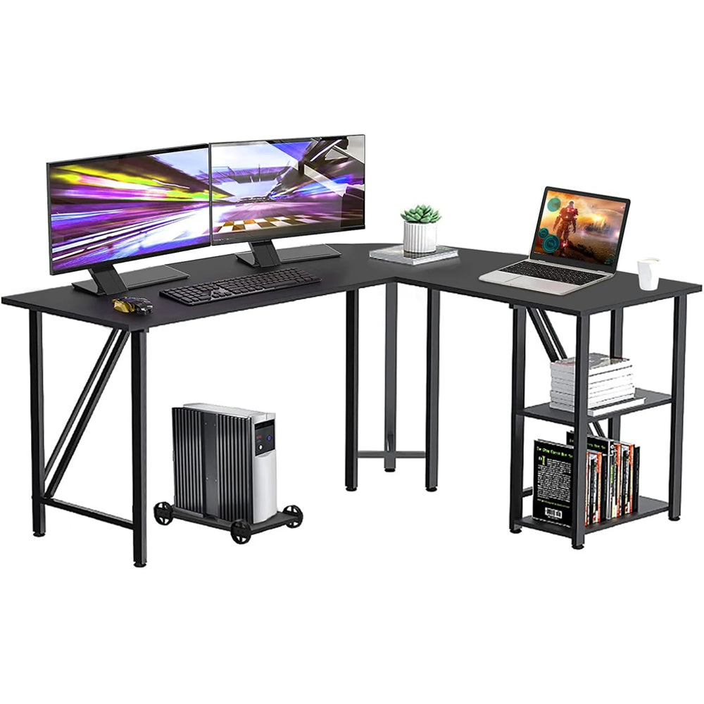 60" L Shaped Computer Desk with Tower Stand on 4 Wheels, Shelves, Rounded Corner, L Desk for Home Office, Black