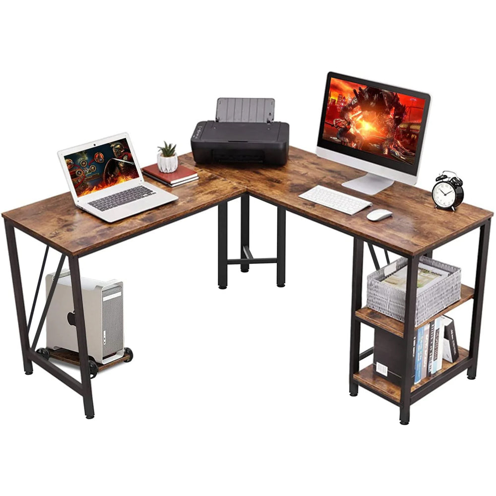 60" L Shaped Computer Desk with Shelves, Coputer Tower Stand, Rounded Corner - Reversible Office Desk with Storage Rack, Large Home Office Desk, L Desk for Home Office, Brown