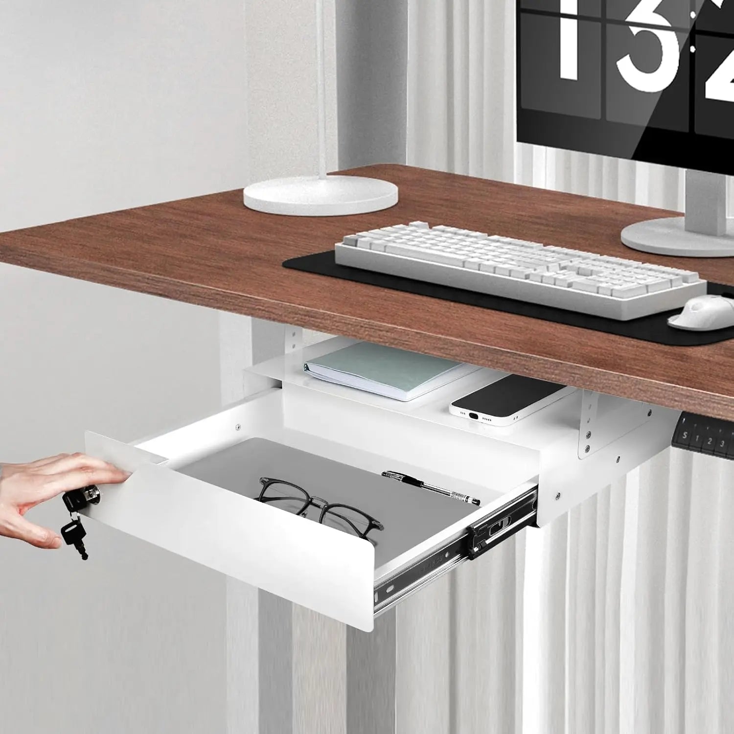Adjustable Lockable Sliding Under Desk Drawer with Tall Brackets