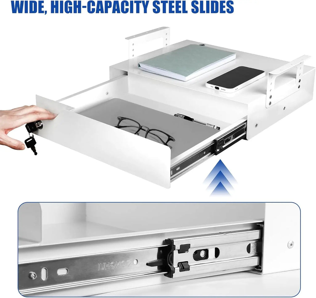 Adjustable Lockable Sliding Under Desk Drawer with Tall Brackets