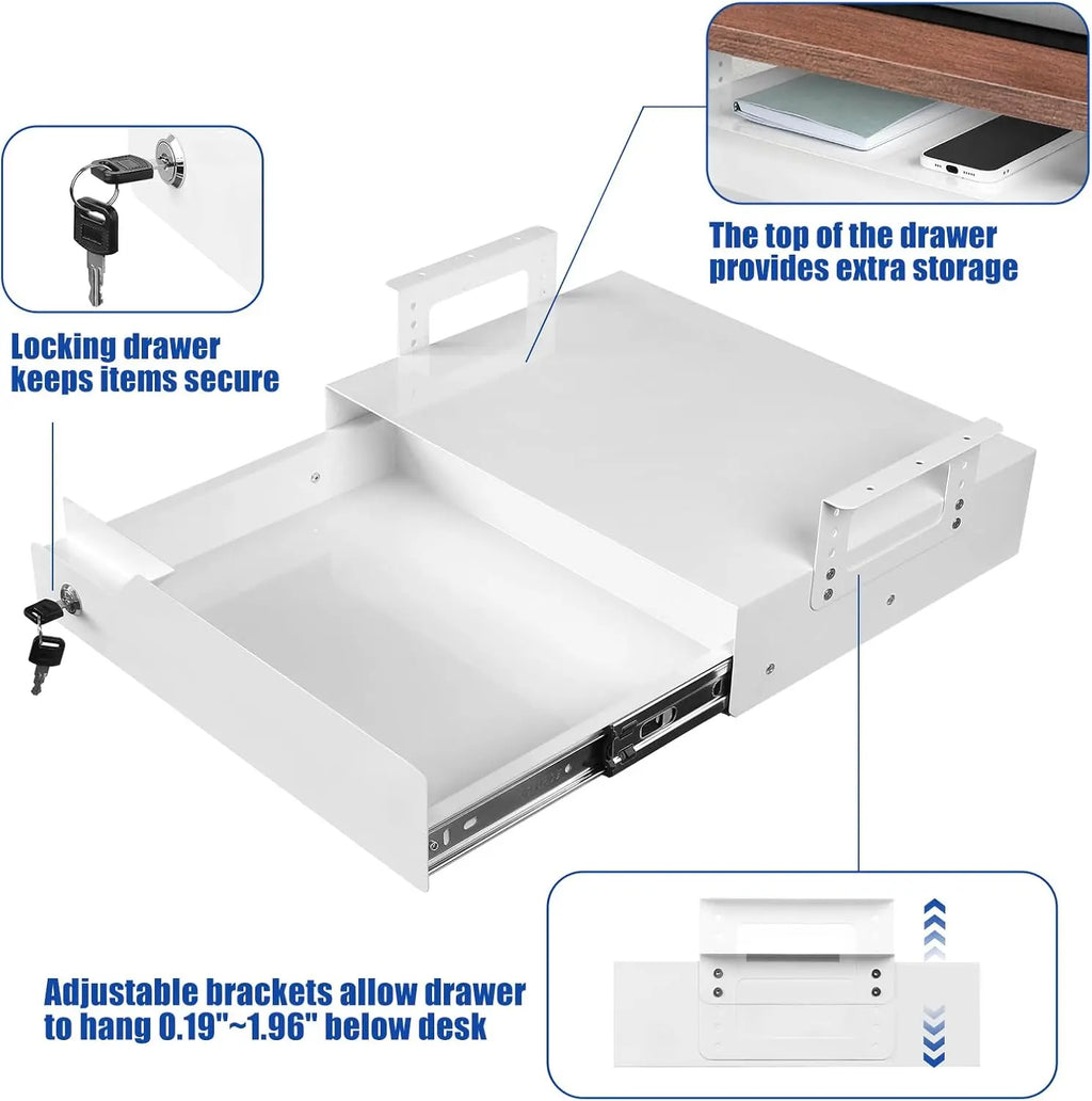Adjustable Lockable Sliding Under Desk Drawer with Tall Brackets