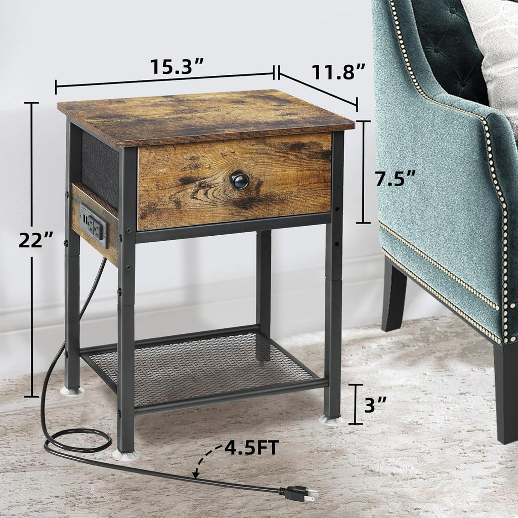 Bedside Table Set of 2 with Charging Station, Wood and Metal Bed Stands Set of 2, Rustic End Tables with Drawers and Shelf, Vintage Brown Nightstand