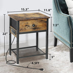 Bedside Table Set of 2 with Charging Station, Wood and Metal Bed Stands Set of 2, Rustic End Tables with Drawers and Shelf, Vintage Brown Nightstand