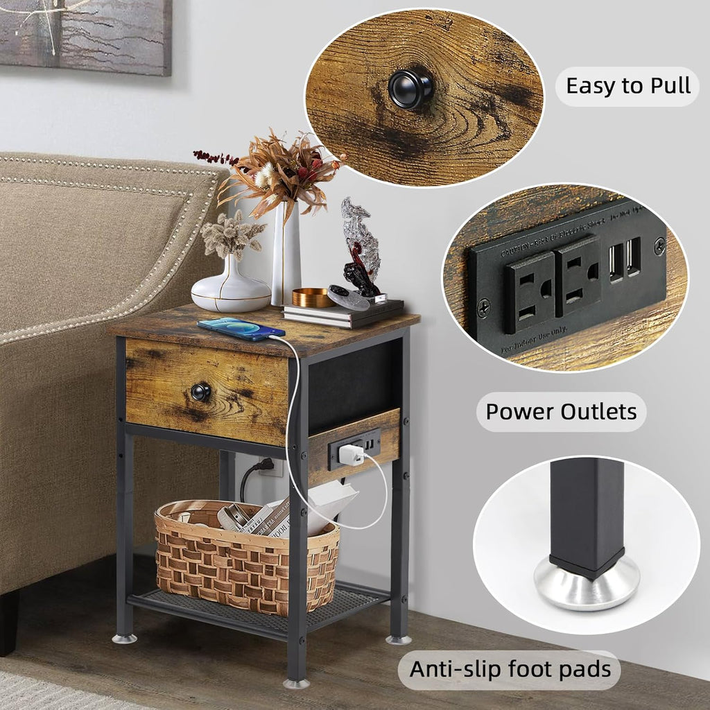 Bedside Table Set of 2 with Charging Station, Wood and Metal Bed Stands Set of 2, Rustic End Tables with Drawers and Shelf, Vintage Brown Nightstand
