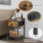 Bedside Table Set of 2 with Charging Station, Wood and Metal Bed Stands Set of 2, Rustic End Tables with Drawers and Shelf, Vintage Brown Nightstand