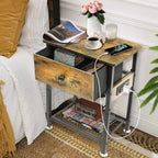 Bedside Table Set of 2 with Charging Station, Wood and Metal Bed Stands Set of 2, Rustic End Tables with Drawers and Shelf, Vintage Brown Nightstand
