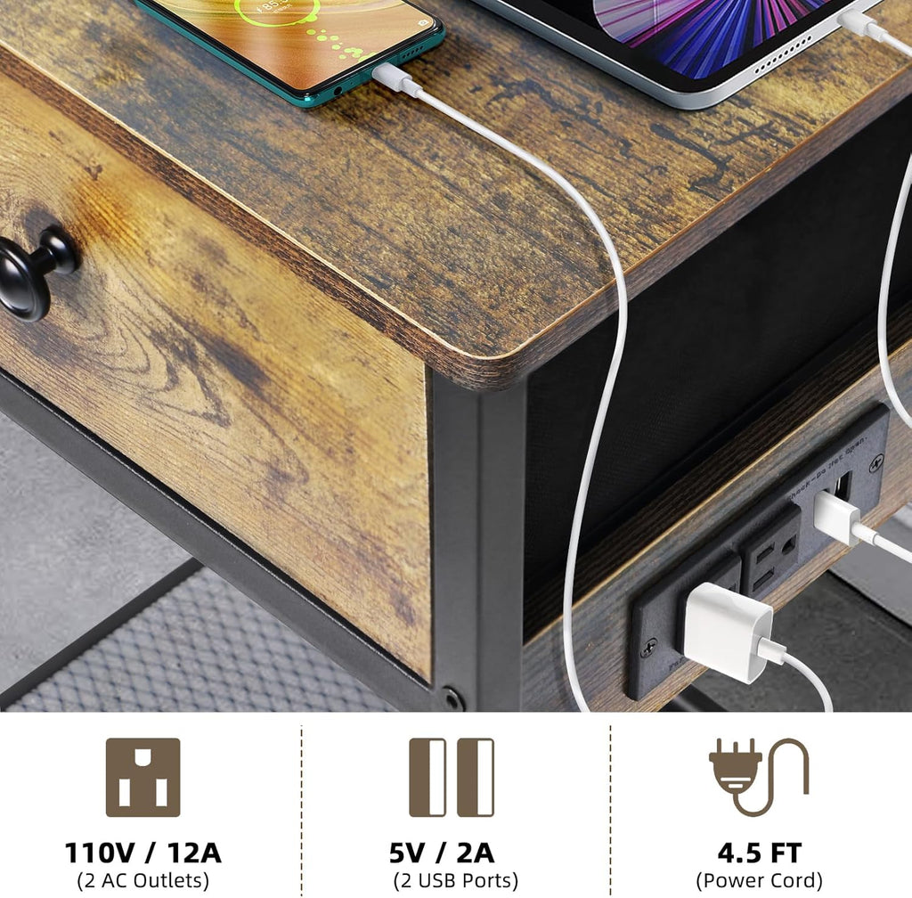 Bedside Table Set of 2 with Charging Station, Wood and Metal Bed Stands Set of 2, Rustic End Tables with Drawers and Shelf, Vintage Brown Nightstand