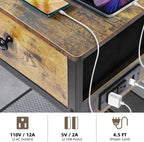 Bedside Table Set of 2 with Charging Station, Wood and Metal Bed Stands Set of 2, Rustic End Tables with Drawers and Shelf, Vintage Brown Nightstand