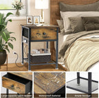 Bedside Table Set of 2 with Charging Station, Wood and Metal Bed Stands Set of 2, Rustic End Tables with Drawers and Shelf, Vintage Brown Nightstand