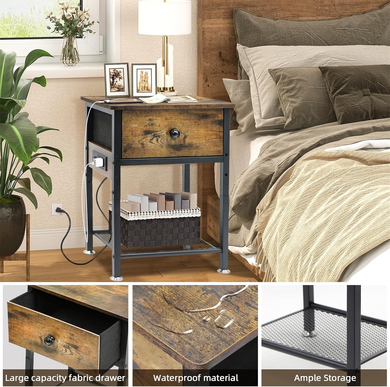 Bedside Table Set of 2 with Charging Station, Wood and Metal Bed Stands Set of 2, Rustic End Tables with Drawers and Shelf, Vintage Brown Nightstand