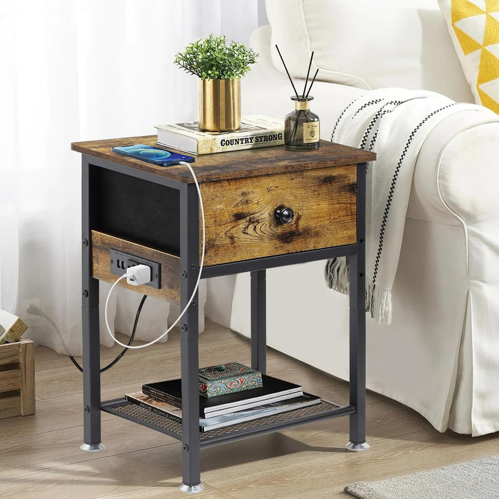 Bedside Table Set of 2 with Charging Station, Wood and Metal Bed Stands Set of 2, Rustic End Tables with Drawers and Shelf, Vintage Brown Nightstand