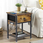 Bedside Table Set of 2 with Charging Station, Wood and Metal Bed Stands Set of 2, Rustic End Tables with Drawers and Shelf, Vintage Brown Nightstand