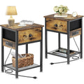 Bedside Table Set of 2 with Charging Station, Wood and Metal Bed Stands Set of 2, Rustic End Tables with Drawers and Shelf, Vintage Brown Nightstand
