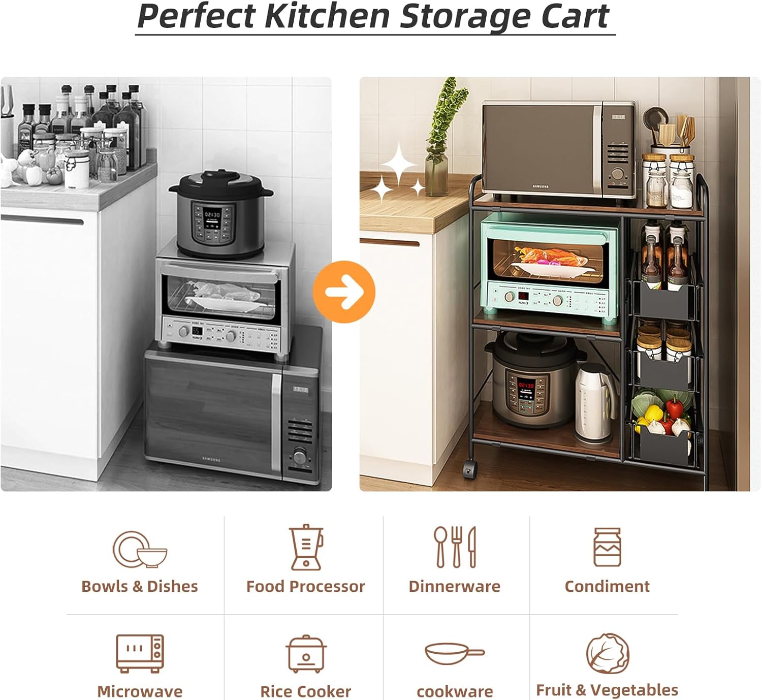 Kitchen Carts on Wheels with Storage,13.8" D x 28" W x 35.5" H, Rolling Microwave Cart,Kitchen Microwave Cart with Storage,Microwave Carts for Kitchen Storage Rack,Bakers Rack with Storage