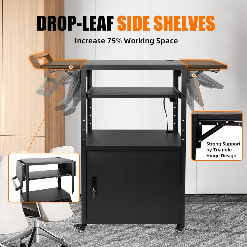 Large Steel AV Cart with Drop Leaves and Locking Cabinet, Height Adjustable Rolling Computer Cart with Pullout Keyboard Tray and Power Strip, Mobile Workstation for Office