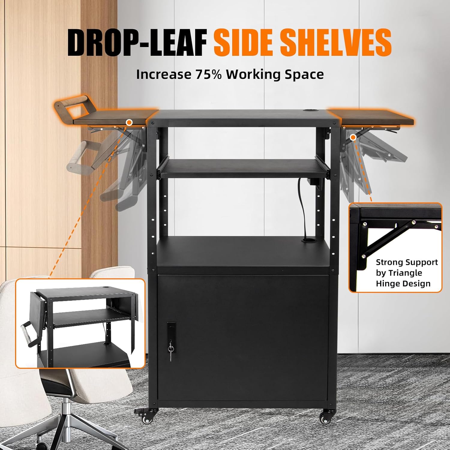 Large Steel AV Cart with Drop Leaves and Locking Cabinet, Height Adjustable Rolling Computer Cart with Pullout Keyboard Tray and Power Strip, Mobile Workstation for Office