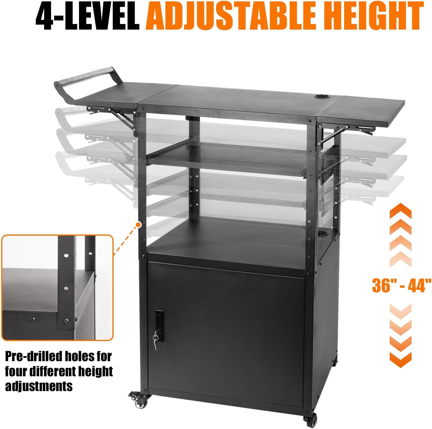 Large Steel AV Cart with Drop Leaves and Locking Cabinet, Height Adjustable Rolling Computer Cart with Pullout Keyboard Tray and Power Strip, Mobile Workstation for Office