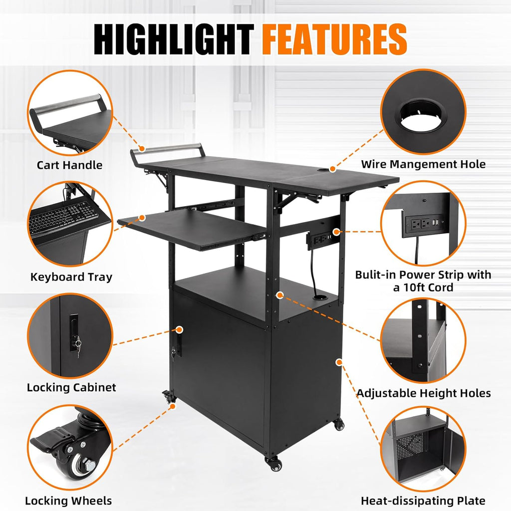 Large Steel AV Cart with Drop Leaves and Locking Cabinet, Height Adjustable Rolling Computer Cart with Pullout Keyboard Tray and Power Strip, Mobile Workstation for Office