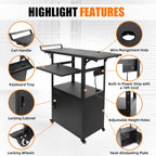 Large Steel AV Cart with Drop Leaves and Locking Cabinet, Height Adjustable Rolling Computer Cart with Pullout Keyboard Tray and Power Strip, Mobile Workstation for Office