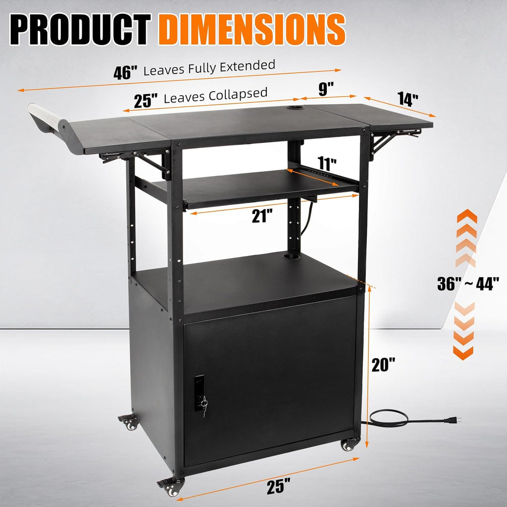 Large Steel AV Cart with Drop Leaves and Locking Cabinet, Height Adjustable Rolling Computer Cart with Pullout Keyboard Tray and Power Strip, Mobile Workstation for Office