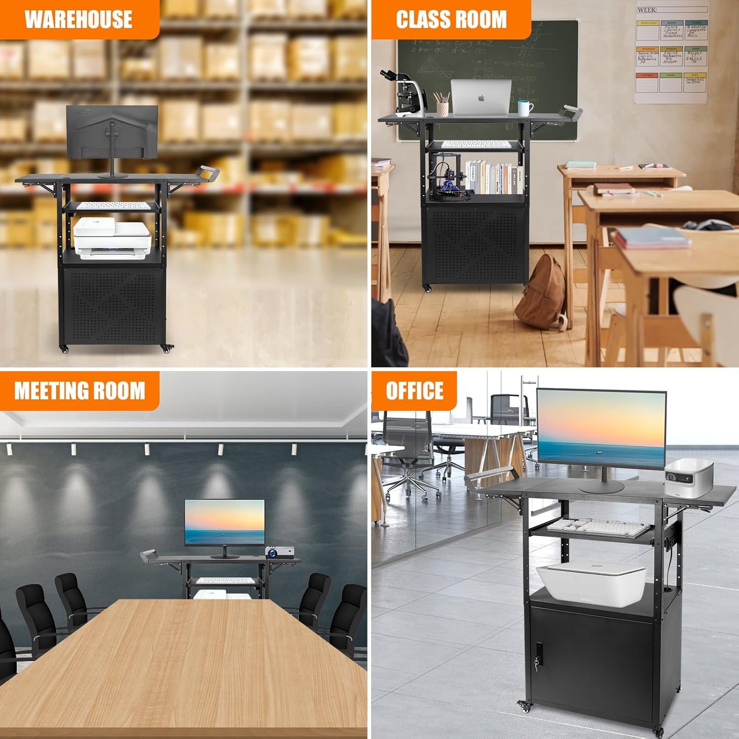 Large Steel AV Cart with Drop Leaves and Locking Cabinet, Height Adjustable Rolling Computer Cart with Pullout Keyboard Tray and Power Strip, Mobile Workstation for Office