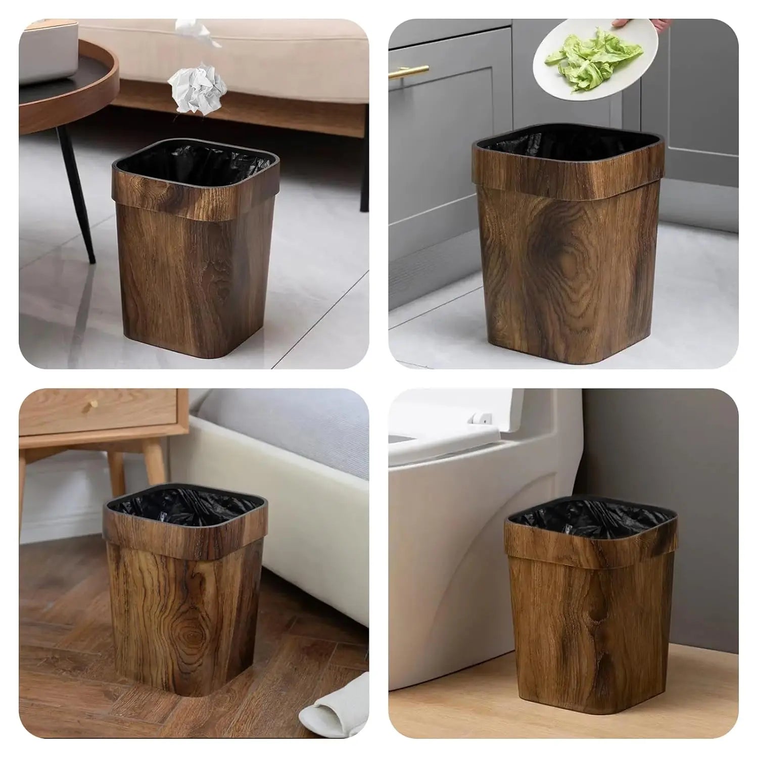 Open Top Wood Grain Plastic Trash Can-2 Pcs.