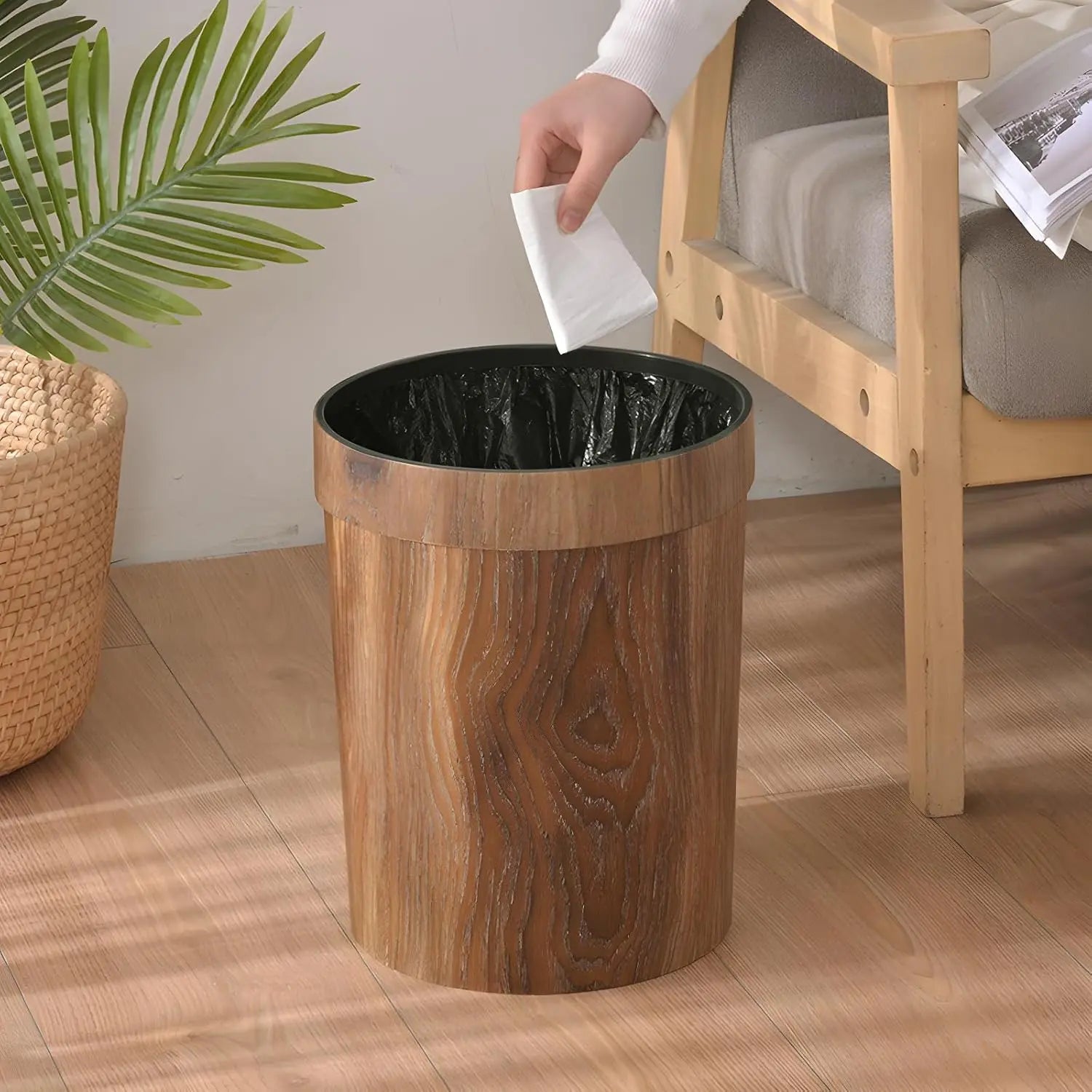 Open Top Wood Grain Plastic Trash Can-2 Pcs.