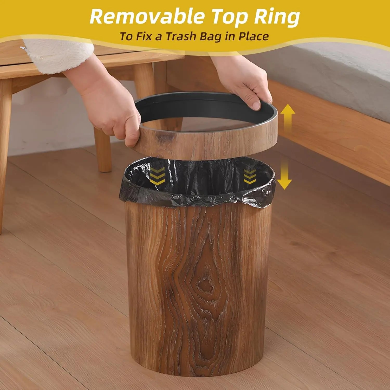 Open Top Wood Grain Plastic Trash Can-2 Pcs.