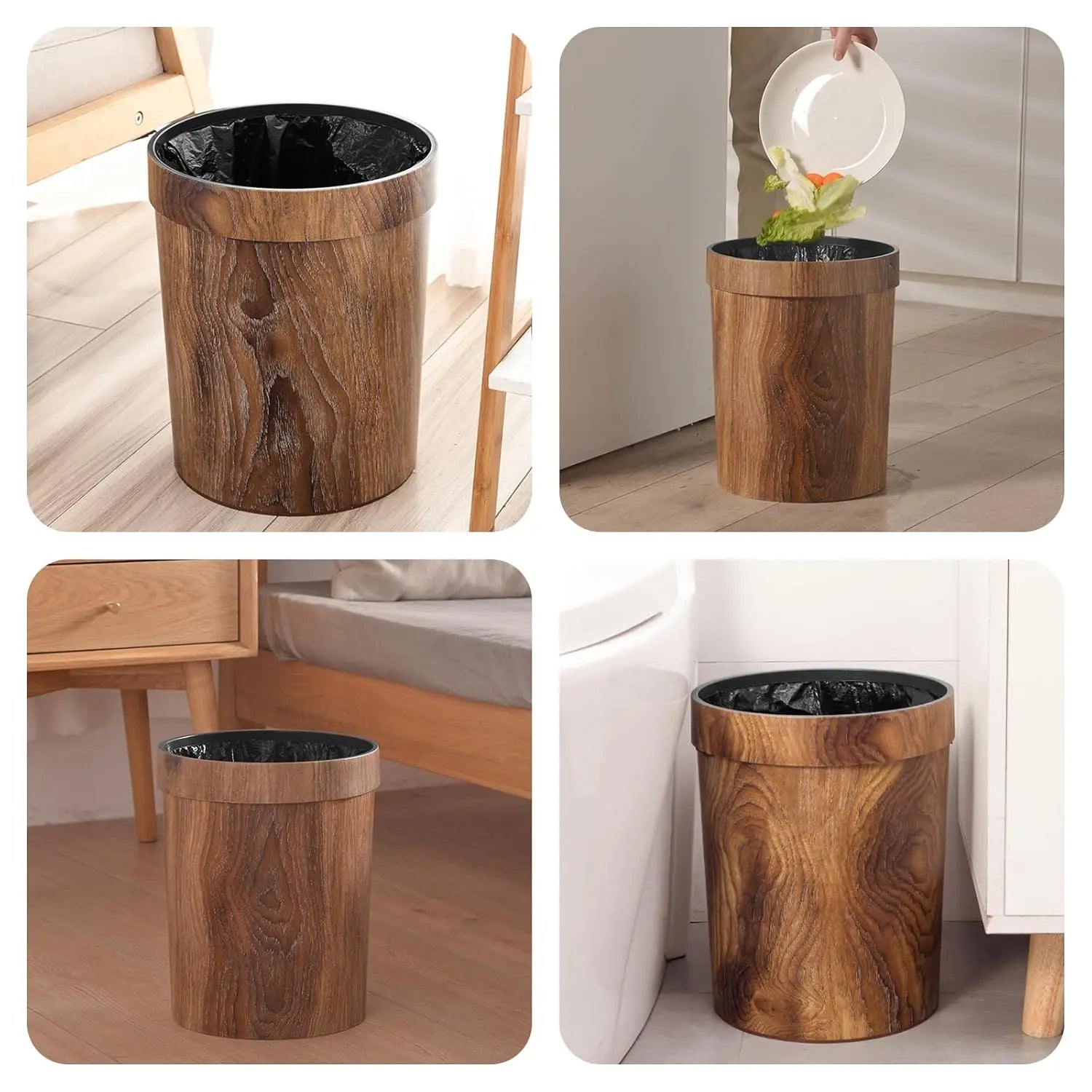 Open Top Wood Grain Plastic Trash Can-2 Pcs.