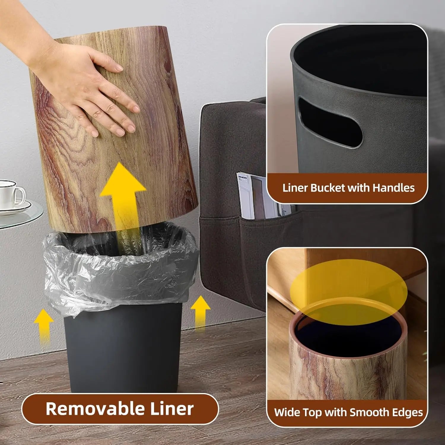Open Top Wood Grain Plastic Trash Can-2 Pcs.