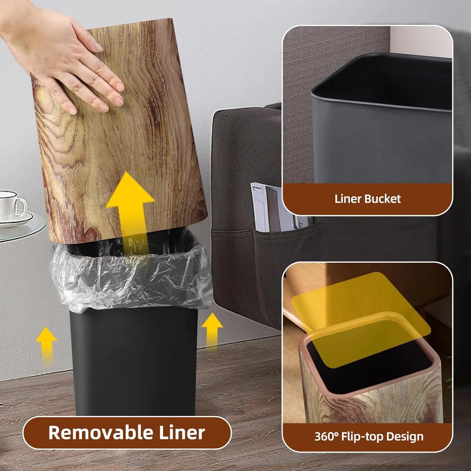 Open Top Wood Grain Plastic Trash Can-2 Pcs.
