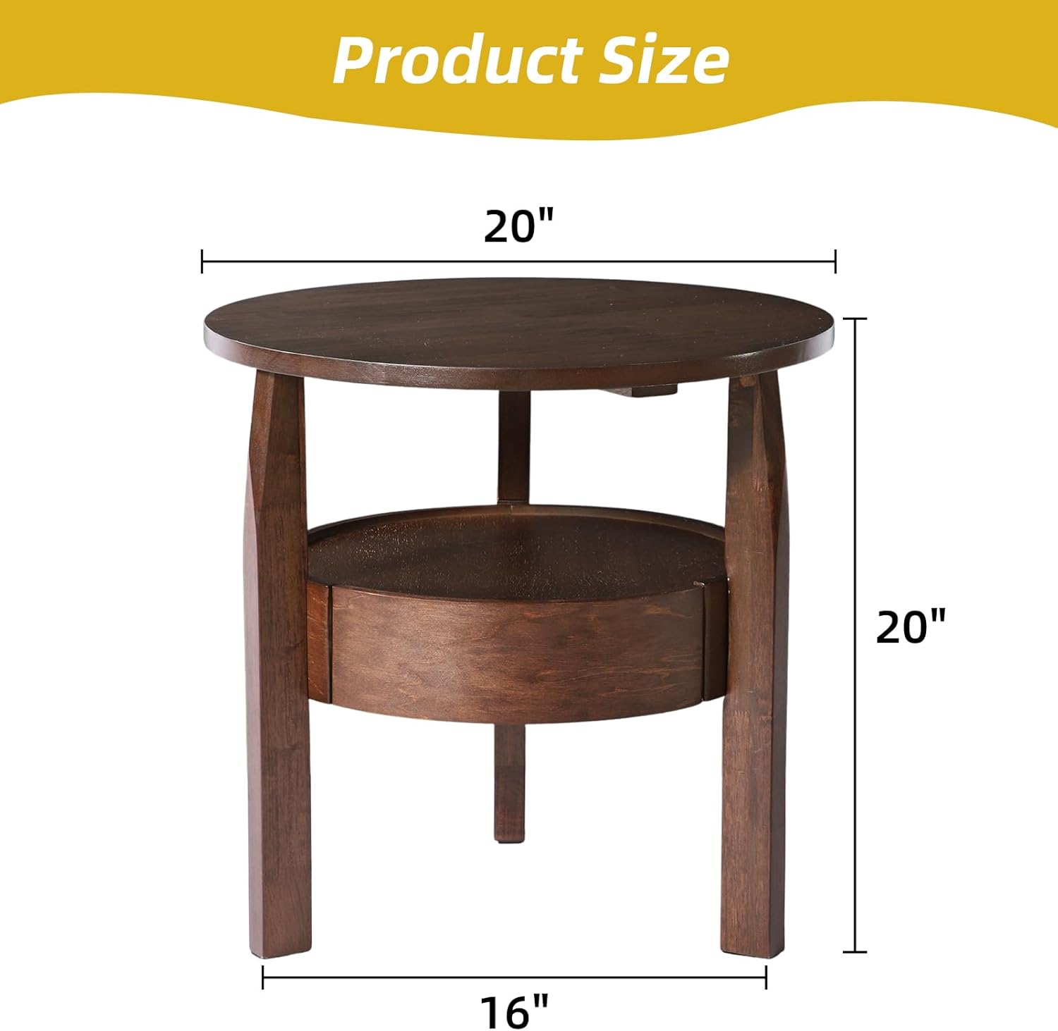 Round Natural Wood Coffee Table with Hidden Drawer, 2-Tier Rustic Retro End Table with Storage, Dark Brown