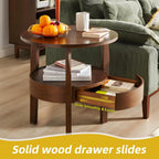 Round Natural Wood Coffee Table with Hidden Drawer, 2-Tier Rustic Retro End Table with Storage, Dark Brown