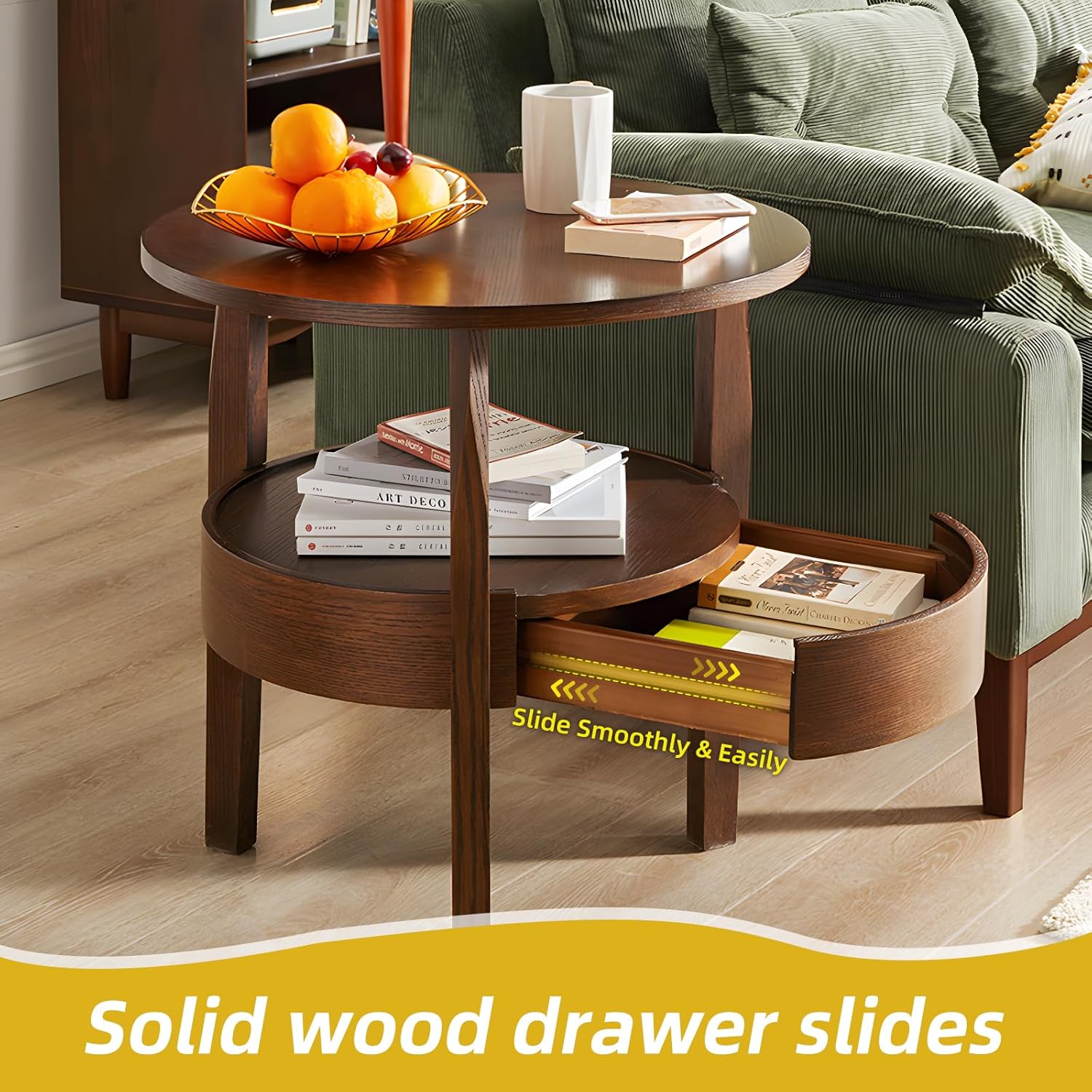 Round Natural Wood Coffee Table with Hidden Drawer, 2-Tier Rustic Retro End Table with Storage, Dark Brown